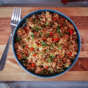 Stir fried rice with beef and vegetables